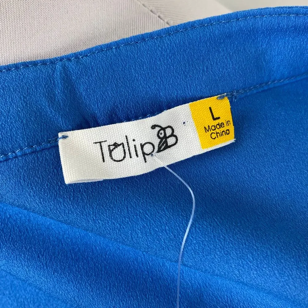 Tulip B Boutique Royal Blue Short Sleeve Ruffle Neck Tie Pussybow Blouse Large